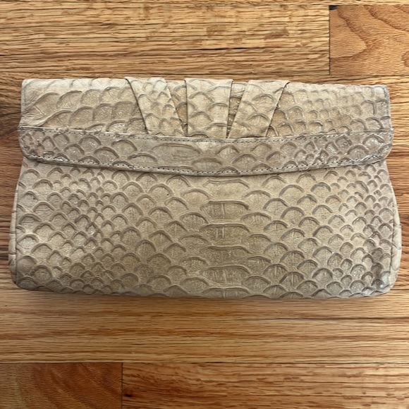 LAUREN MERKIN gold embossed python clutch